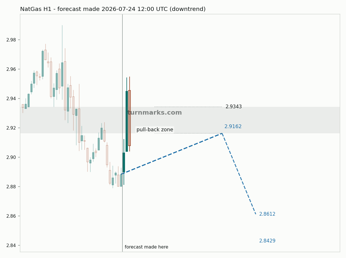 Natural gas (NatGas) hourly bars with the forecast drawn forward from 2026-07-24