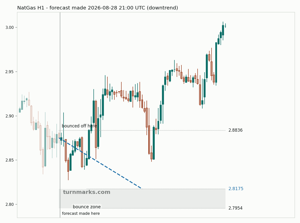 Natural gas (NatGas) hourly bars with the forecast drawn forward from 2026-08-28